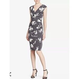 Lauren Ralph Lauren Faux Wrap Dress Womens 2 Gray Floral Cap Sleeve Ruched